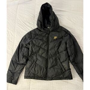 Nike Big Kids Hooded Puffer Jacket Black Gold Chevron Full Zip Youth Large